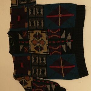 Heavy Shetland Wool Hand Knit Sweater Graphic Colorful Geometric Pattern 50" Chs